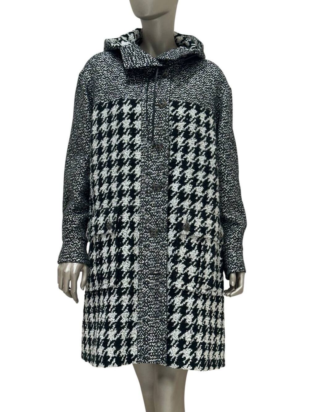Chanel Black White Houndstooth Tweed Hooded Coat Sz.38